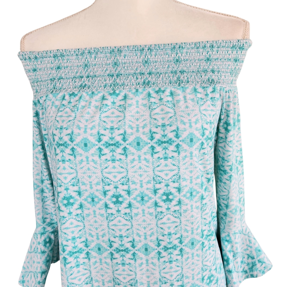 Cabana Life Off-Shoulder Turquoise Tile Print Cover-Up Dress with Tassels - Picture 7 of 10